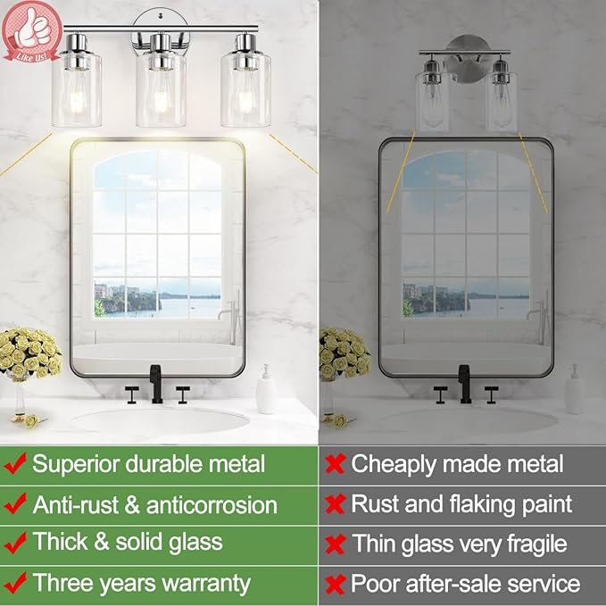 Zarbitta 3-Light Bathroom Light Fixtures, Chrome Bathroom Wall Light with Clear Glass Shade, Bathroom Wall Lamp for Mirror Kitchen Living Room Hallway Cabinet