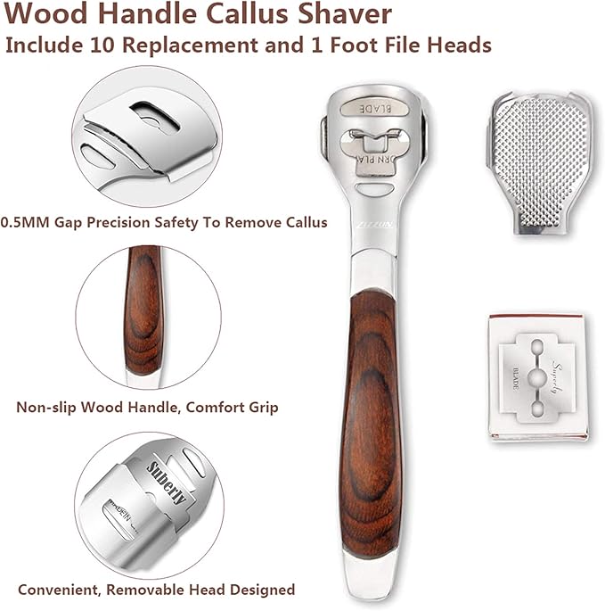 Colossal Foot Rasp & Wood Handle Callus Shaver (10 Replacement & 1 File Foot Heads), Pedicure Foot File Kit, Heel Scraper for Feet, Foot File Callus Remover