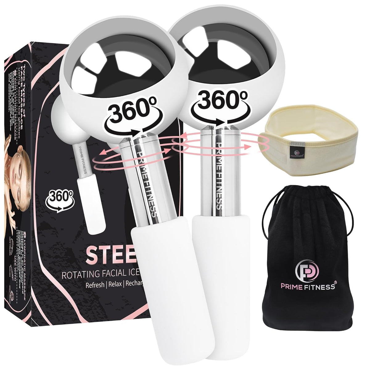 PRIME Fitness Ice Globes for Facials | Unbreakable Steel Cooling Roller | Cryo Sticks for Face | Massager for Face Neck & Eyes | Skin Care for Dark Circles, Puffiness, Wrinkles, (Silver)