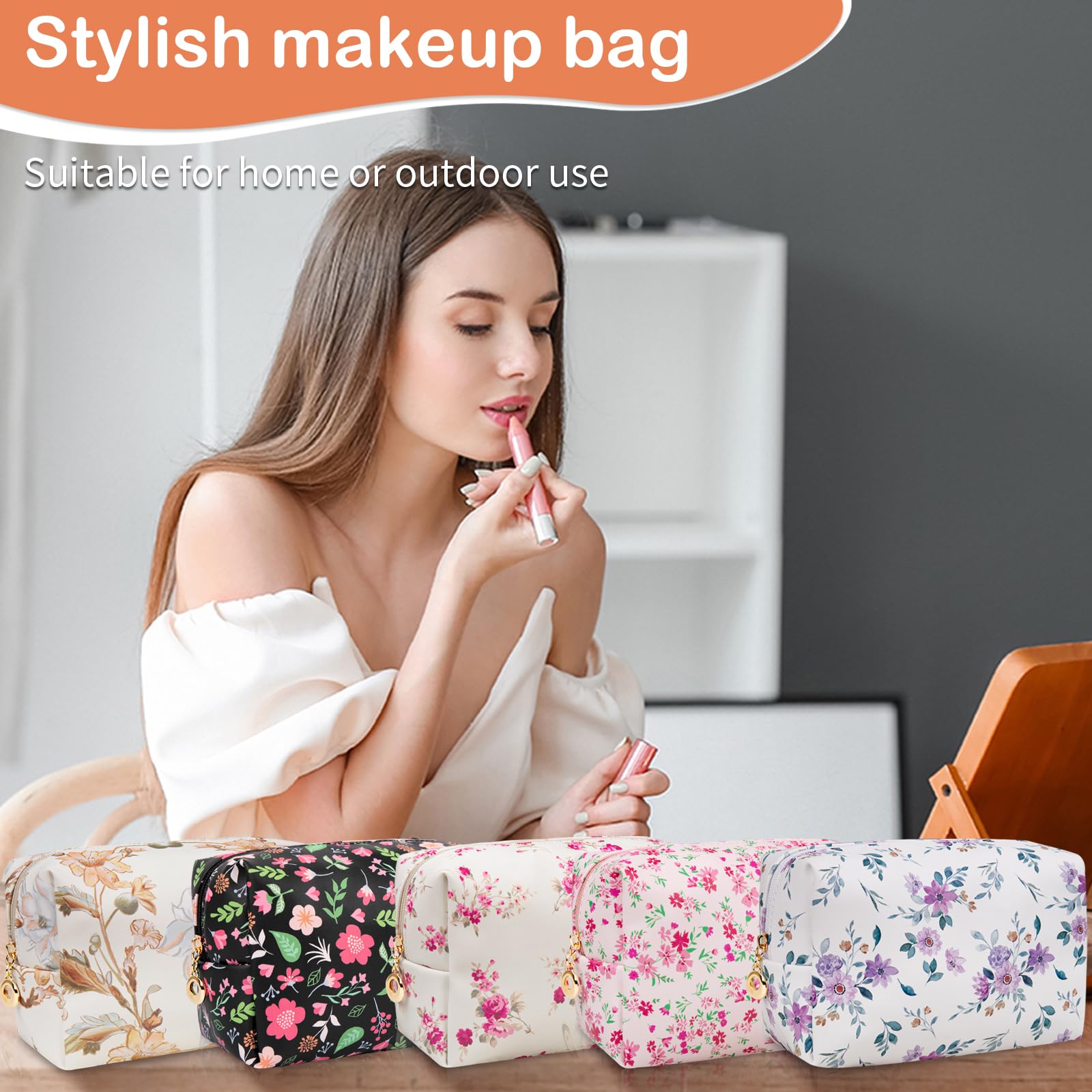 Gosect Floral Waterproof Makeup Bag, Leather Cosmetic Bag with Compartments, Zipper Make up Pouch Organizer, Portable Storage Travel Toiletry Bag Gifts for Women Girls(Rose Red Flower)