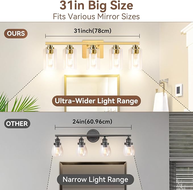 VerRon 5-Light Bathroom Light Fixtures, 31" Gold Modern Vanity Lights