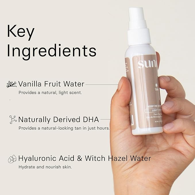Face Tan Water by SunnaTan - Made with Witch Hazel Water & Hyaluronic Acid - Organic & Natural Ingredients - Non-Sticky and Lightweight - Face Tanner in Light/Medium (60mL)