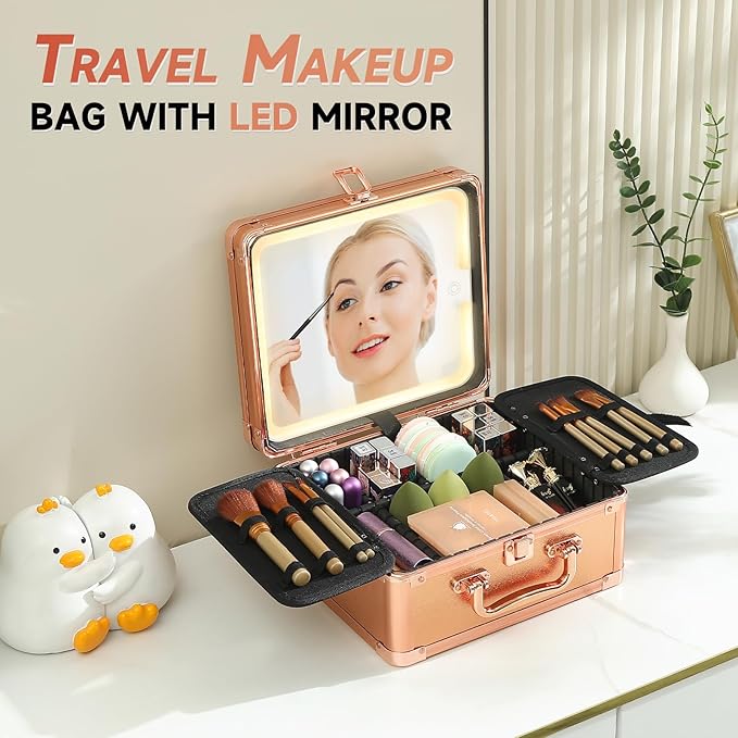 Leeora&Leekoo Makeup Box with Lighted Mirror,Portable Makeup Train Case Organizer (Gold)