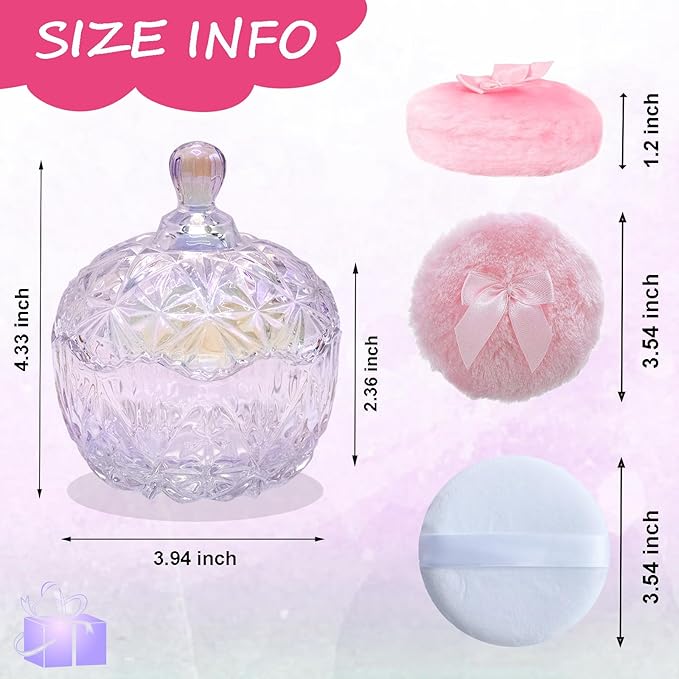 Qopoto 5 Pieces Large Body Powder Puff and Powder Container, Crystal Case for Dust Puff, Powder applicator with Box for Face and Body (Glitter, Crown)