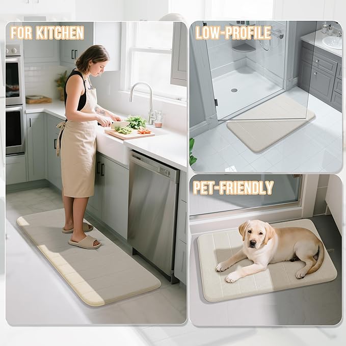 Yimobra Large Bath Mat Set 2 Piece- Super Soft Absorbent Quick Dry Memory Foam Bathroom Rugs, Machine Washable Non Slip Floor Carpet for Tub Shower & Double Vanity (17x24 & 44x24, Cream White)