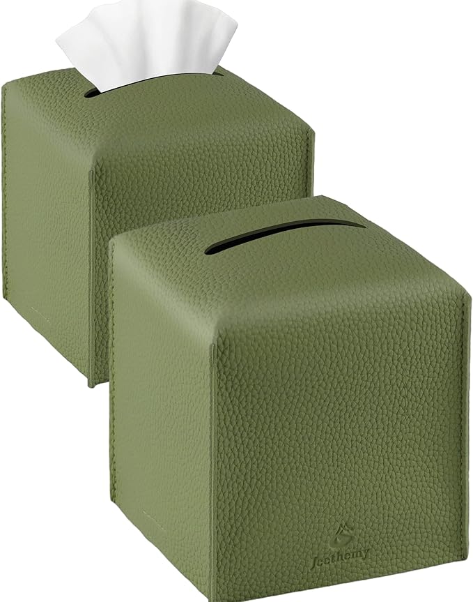 Tissue Box Cover, Jeethemy Square PU Leather Tissue Box Holder, Modern Tissue Case Facial Paper Organizer Dispenser，5X5X5'',Double Green