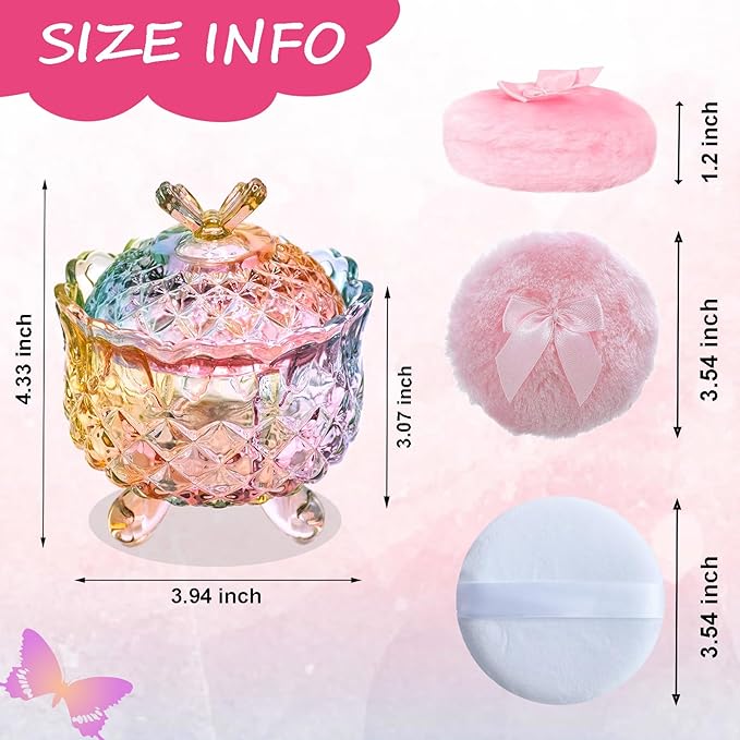 Qopoto 5 Pieces Large Body Powder Puff and Powder Container, Crystal Case for Dust Puff, Powder applicator with Box for Face and Body (Color, Butterfly)