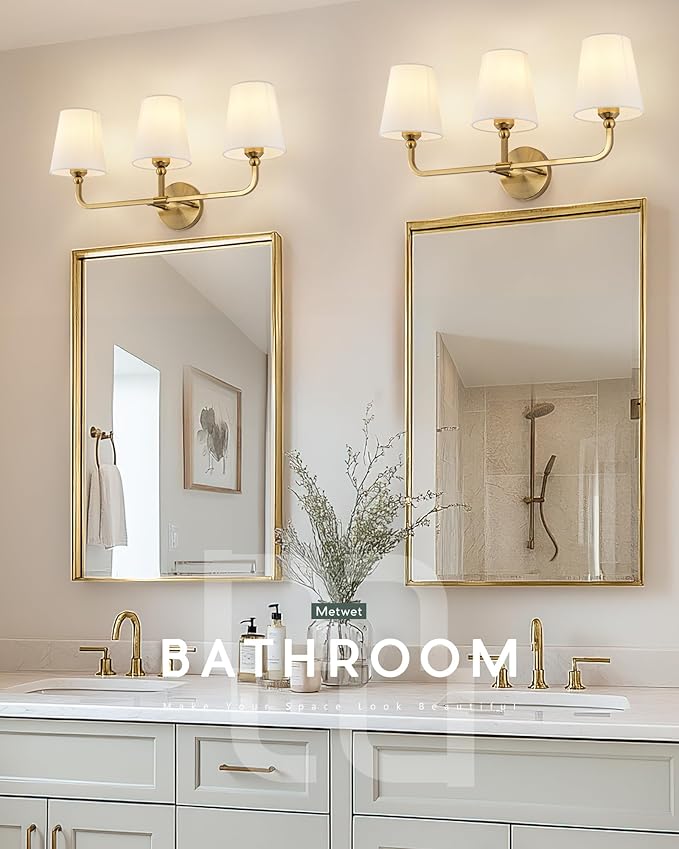 Bathroom Light Fixtures, Brushed Gold Vanity Lights with Beige Fabric Shade, 3-Light Wall Sconce, Modern Sconces Wall Lighting for Hallway Bedroom, VL837-BG-B-3