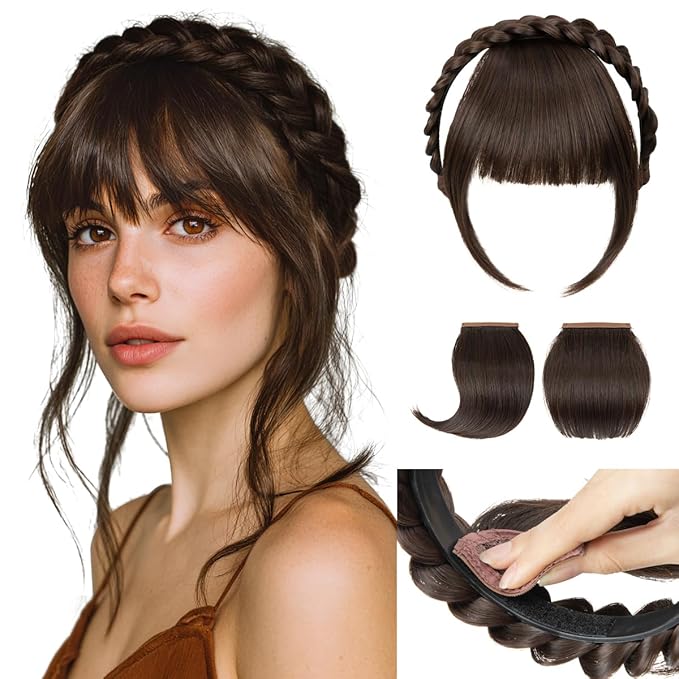 SARLA Braided Headband with 3 Detachable Clip in Bangs Fringe Hairpieces Fake Synthetic Hair Band Bangs for Women Dark Chocolate