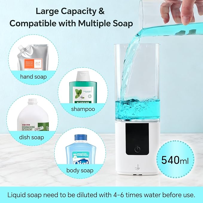 LAOPAO Automatic Soap Dispenser Wall Mount Rechargeable Liquid Soap Pump for Kitchen, Touchless Soap Dispenser for Dish/Hand/Shower Soap, Home & Commercial, 540ml, White