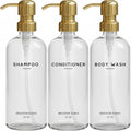 Luxury Shampoo and Conditioner Dispenser Set by Brighter Barns - Shampoo Conditioner Body Wash Dispenser - Refillable Plastic Shower Bottles for Gold Bathroom Decor, Spa, Hotel, Gifts (Clear/Gold)