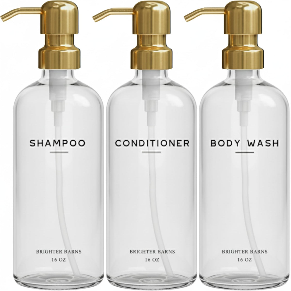 Luxury Shampoo and Conditioner Dispenser Set by Brighter Barns - Shampoo Conditioner Body Wash Dispenser - Refillable Plastic Shower Bottles for Gold Bathroom Decor, Spa, Hotel, Gifts (Clear/Gold)