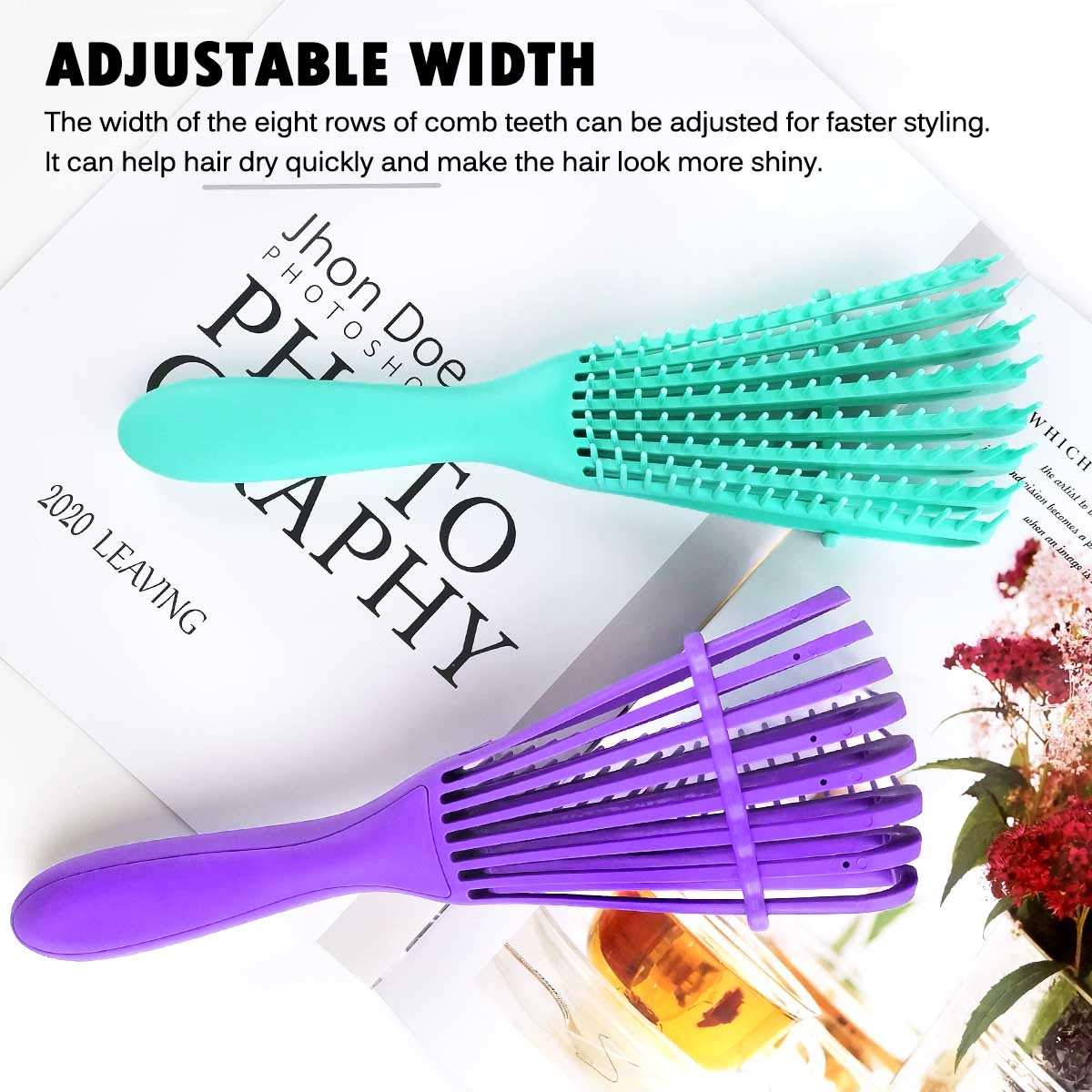Detangling Brush for Women's Afro American/African 3a to 4c Kinky, Wavy, Curly, Coily Hair - Knots Detangler and Scalp Massage Comb for Wet/Dry/Oil/Thick/Long Hair (2 pcs, Purple-Green)