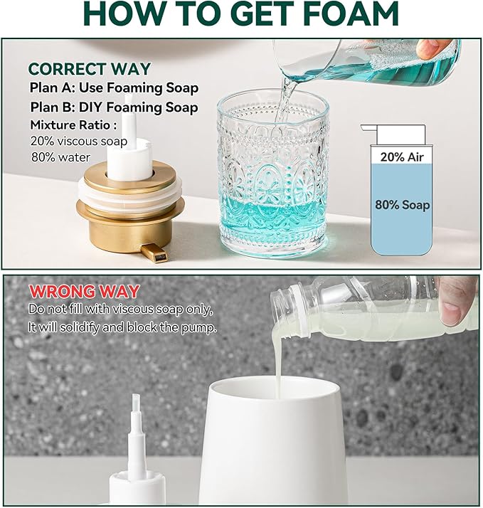 AZMOYAC Glass Foam Soap Dispenser, 8 Oz Face Wash Dispenser for Bathroom, Vintage Glass Clear Foaming Hand Soap Dispenser, Small Refillable Lotion Dish Dispenser for Kitchen (Matte Golden-8 OZ)
