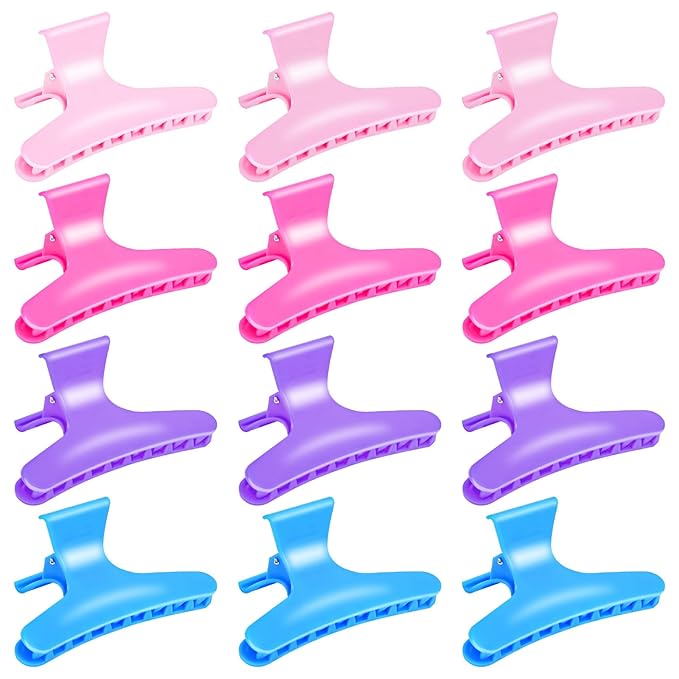 BAHABY Hair Clips for Styling Sectioning 12 Pack Pink Hot Pink Purple Blue Butterfly Clamps Hair Claw Clips Pro Salon Hair Clips for Styling, Sectioning, Cutting and Coloring