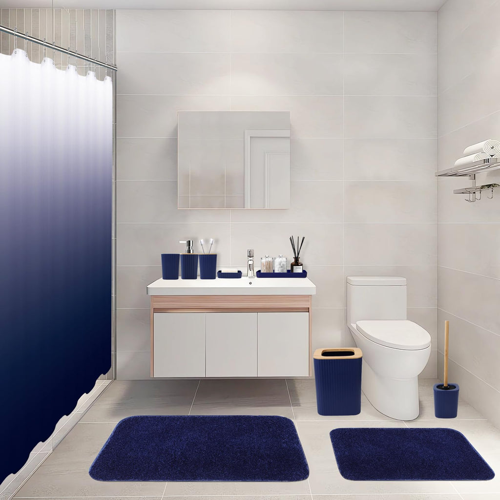 XLHOMO Bathroom Accessory Set–Bathroom Sets with Shower Curtain and Rugs, No Slip Bathroom Rugs Super Absorbent, Blue Ombre Water-Proof Shower Curtain with Hooks, Blue Bathroom Sets Complete for Home