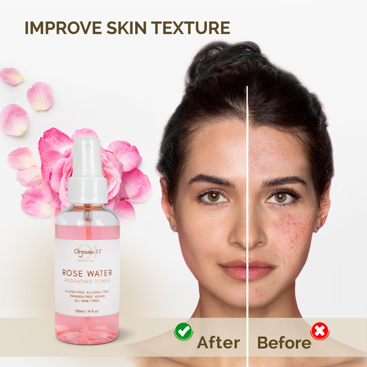 Rose Water Hydrating Toner Spray – Organic Aloe Vera & Hibiscus Face Mist, Alcohol Free & Dermatologist Tested for Sensitive & All Skin Types – 120ml