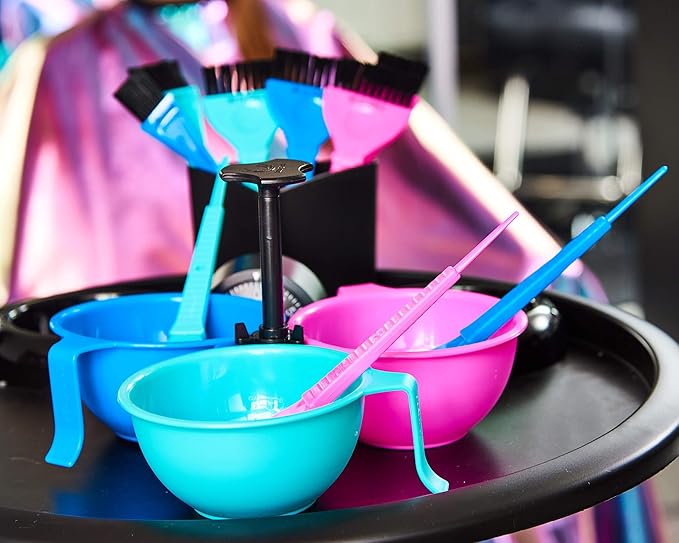 Colortrak Hair Dye Bowl Caddy, Includes Center Caddy Pole and Three Color Coded Bowls with Matching Brushes, Bowls Marked for Measurements, Bowls with Individual Handles