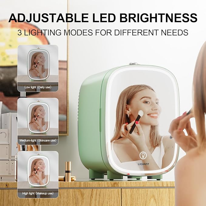 LIGIANT DF01A Skincare Fridge, With 3-Level Dimmable LED Light Mirror, Low Noise 4L Makeup Fridge for Skincare, Cooler & Warmer, Portable Design for Multiple Uses - Bedroom, Office, and Car