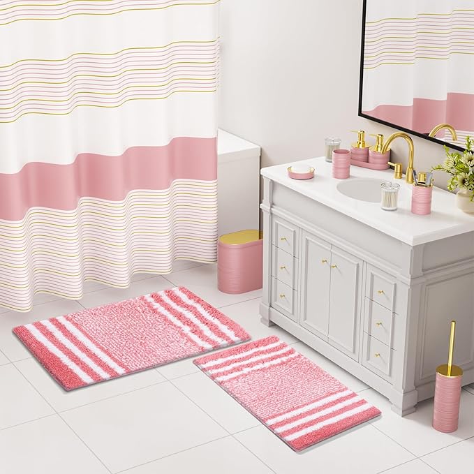 InnJoey Bathroom Set - Bathroom Sets with Shower Curtain and Rugs, 25PC Bathroom Accessory Set, Pink Bathroom Accessories Set with Trash Can, Soap Dispensers