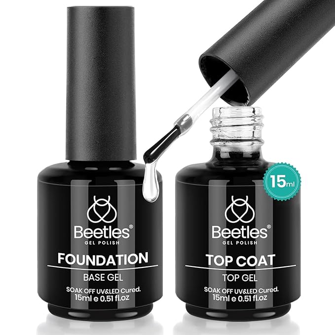 Beetles 2 Pcs 15ml No Wipe Gel Top Coat and Base Coat Set - Shine Finish and Long Lasting Soak Off LED Nail Lamp Gel Base Top Coat Stay Lock Shine Duo Finish Nail Art Design Manicure Gifts for Women