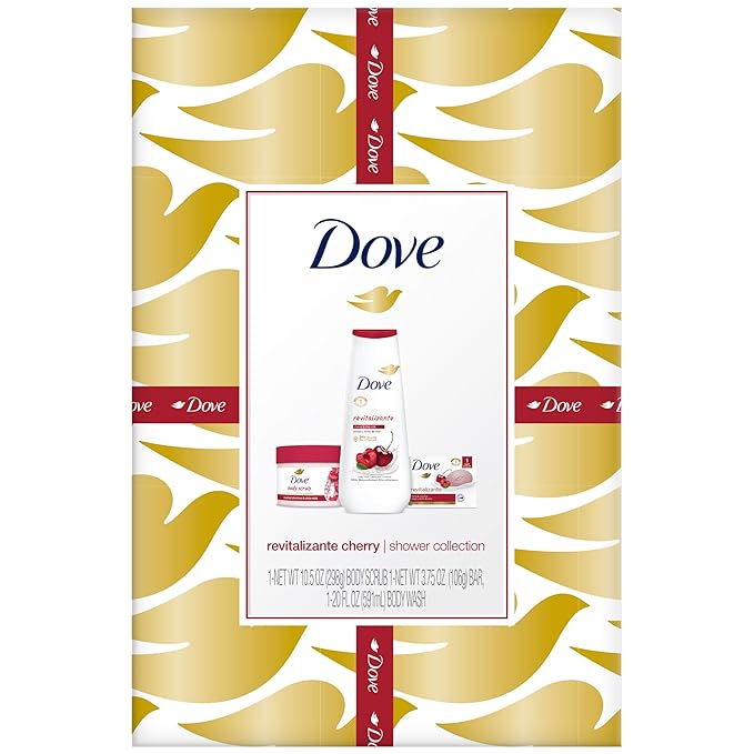 Dove Revitalizing Cherry Collection Gift Set – Fruit and Chia Milk Body Wash, Exfoliating Body Polish + Soap Bar (3 Piece Set)