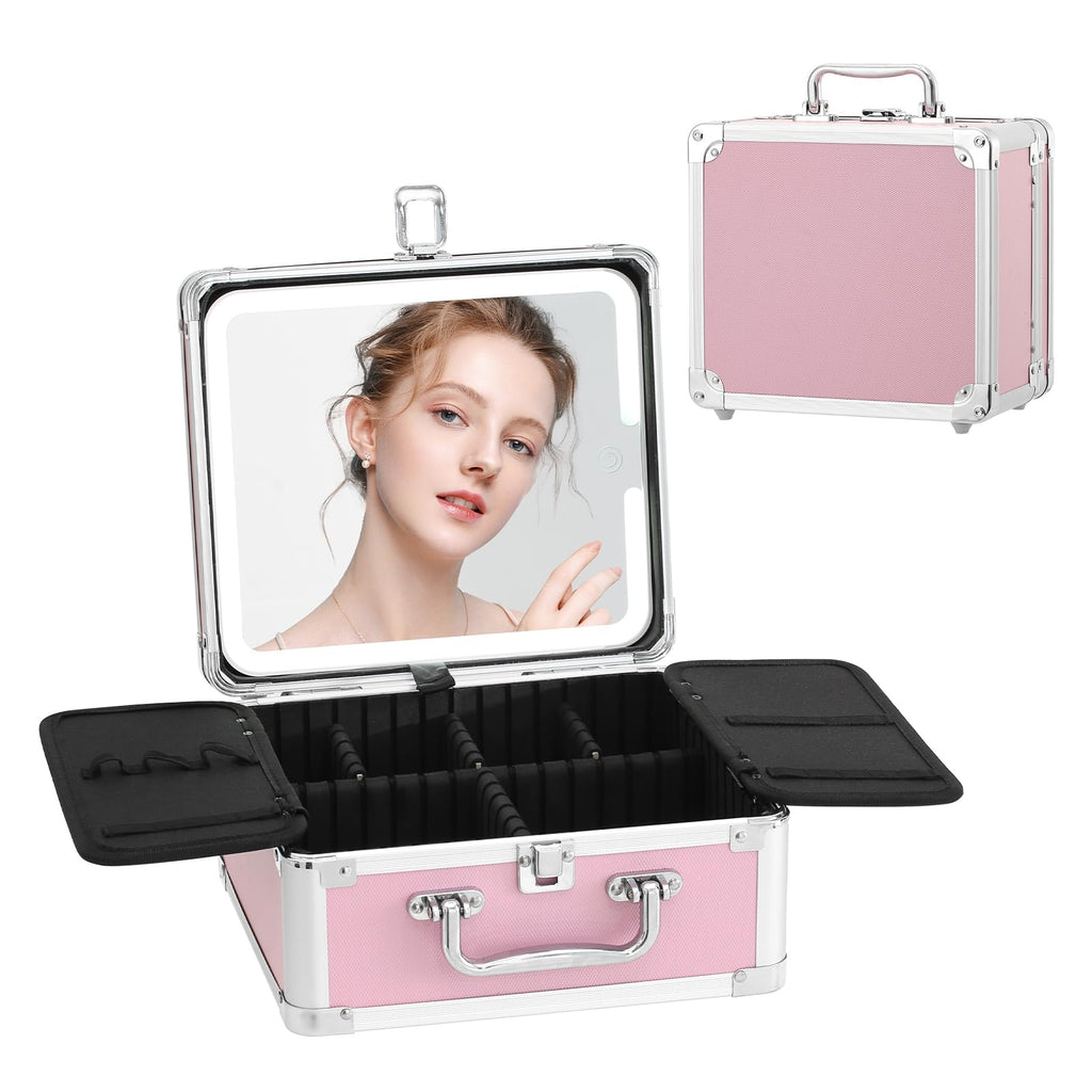 Leeora&Leekoo Makeup Box with Lighted Mirror,Portable Makeup Train Case Organizer (Pink1)