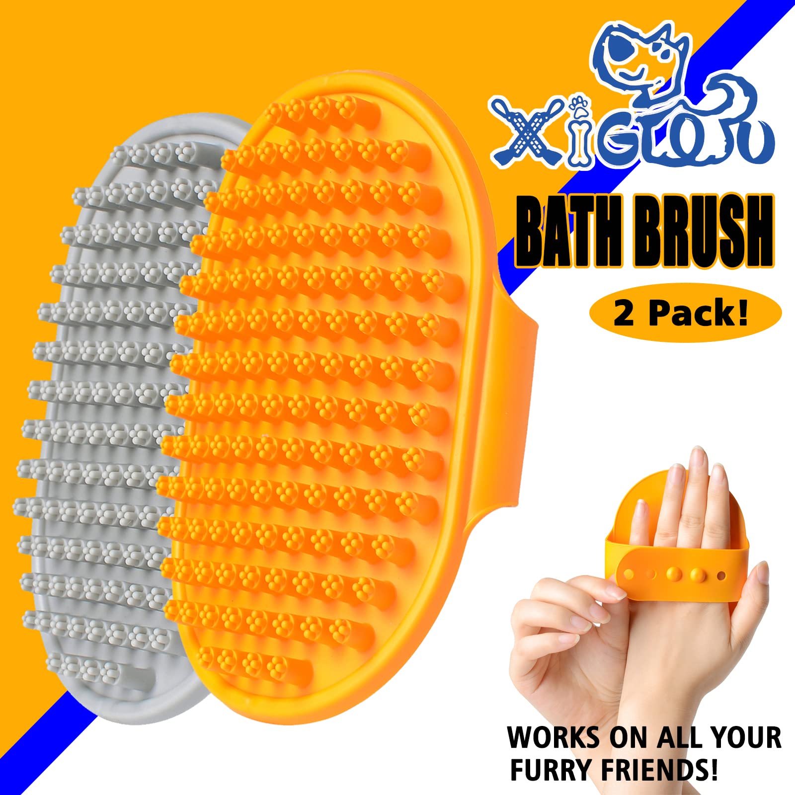 XIGOU Dog Bath Brush, 2 Pcs Short Hair Grooming Brush for Dogs & Cats - Soothing Massage Rubber Bristles Curry Comb with Adjustable Handle