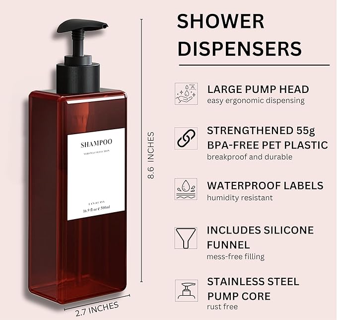 La Via Casa Shampoo and Conditioner Dispenser | 3 Plastic Amber | Shampoo Dispenser with Waterproof Labels | Shower Bottles Refillable with Pump (Without Wall Mount)