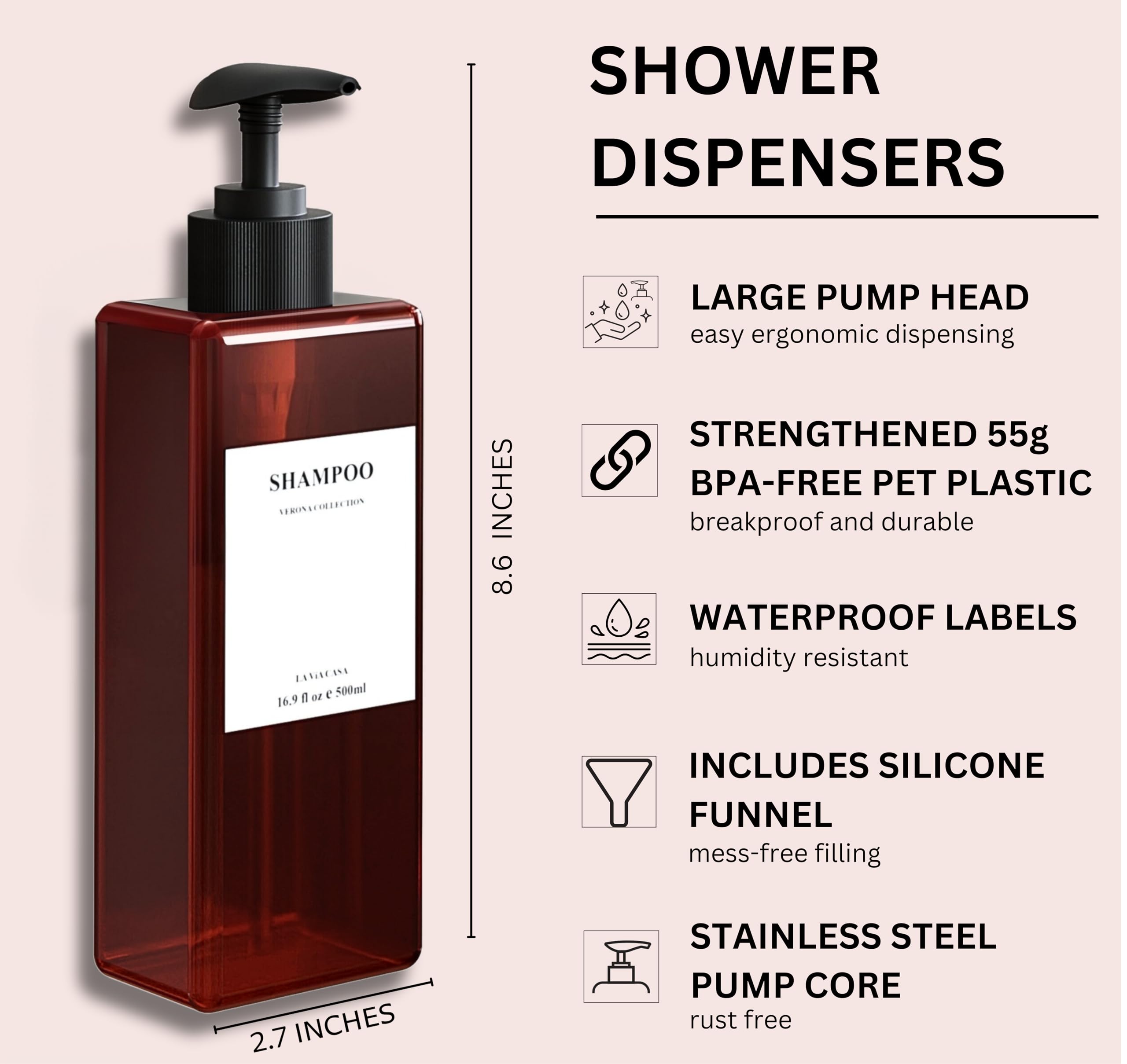 La Via Casa Shampoo and Conditioner Dispenser | 3 Plastic Amber | Shampoo Dispenser with Waterproof Labels | Shower Bottles Refillable with Pump (Without Wall Mount)