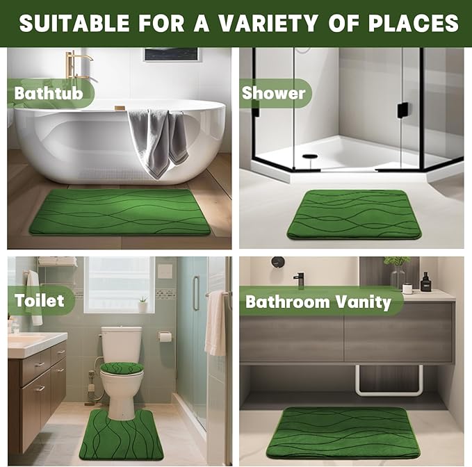 YIHOUSE Bathroom Rugs Set 5 Piece, Memory Foam Bath Mat Green