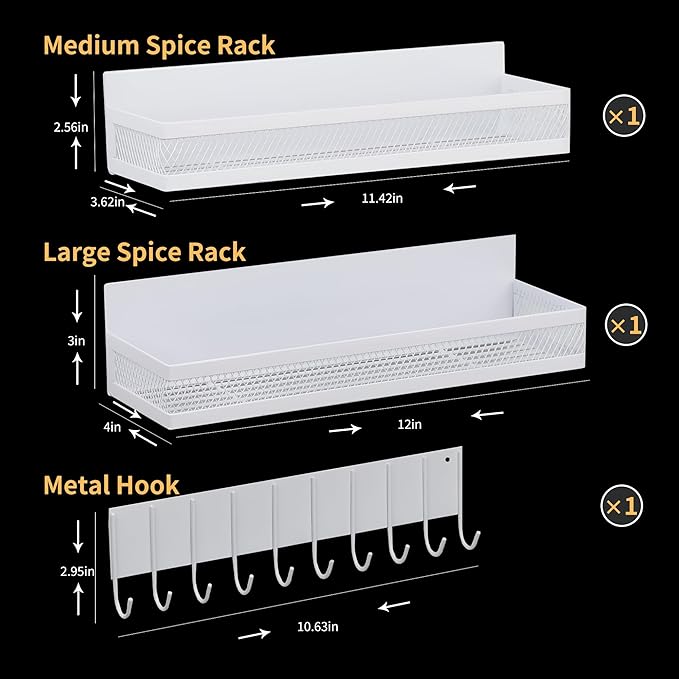 Rixordd 3-Pack Magnetic Spice Rack for Refrigerator, Moveable Shelf with 10 Hooks, Fridge Organizer for Kitchen Storage, White