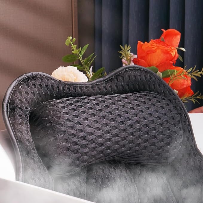 Joeyset Bath Pillow for Tub, 4D Air Mesh Breathable Fabric, Soft Supportive Bathtub Cushion for Head Neck Back, Ergonomic Spa Pillow with Strong Suction Cups, Quick-Drying, Machine Washable (Black)