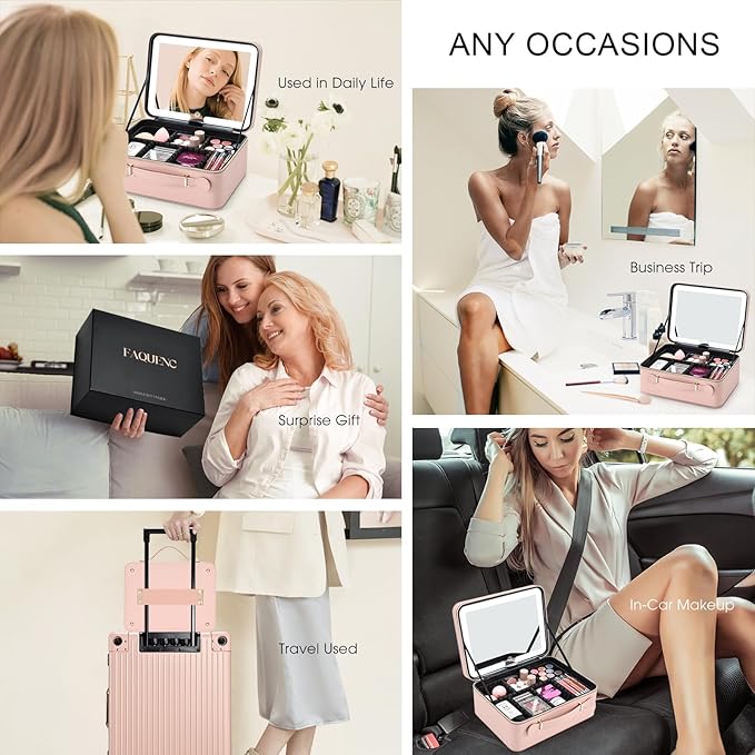Faquenc Leather Makeup Case with LED Lighted Mirror 11.4 Inch Travel Makeup Bag Adjustable Brightness in 3 Colors Cosmetic Organizer Artist Storage Bag with Dividers Brush Holder Storage Vanity Pink