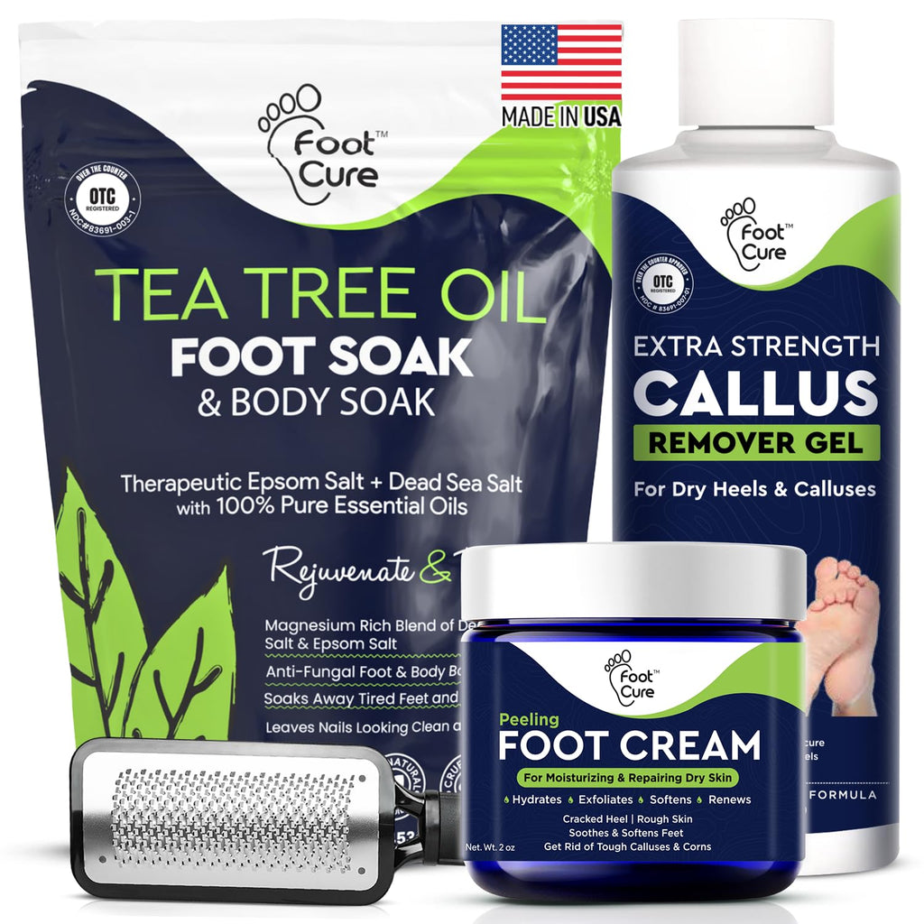Foot Callus Remover Pedicure Set – Epsom Salt Foot Soak & Callus Remover Gel, Antifungal Cream and Feet Exfoliator for Dead Skin, Pedicure Tools for Feet at Home, Made in USA (4 Piece)