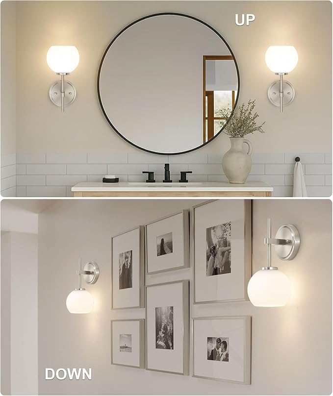 Brushed Nickel Battery Operated Wall Sconce Set of 2, Wireless Rechargeable Sconces Wall Lighting with Remote Control, LED Wall Lights with Opal White Glass Shade, 12 Colors RGB & 3 CCT Bulb