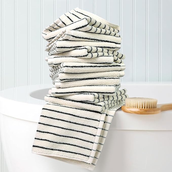 Jacquotha Striped Cotton Washcloths 12 Pack, 13” x 13” - Soft Wash Cloths for Bathroom, Kitchen, Gym, Face, Black and Cream