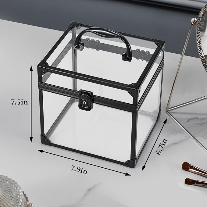 FRENESSA Portable Makeup Case Clear Crown Box Cosmetics Display Case Toiletry Organizer Box Transparent Acrylic Artists Train Case Travel Makeup Tools Storage for Vanity Bathroom Counter Dresser Case