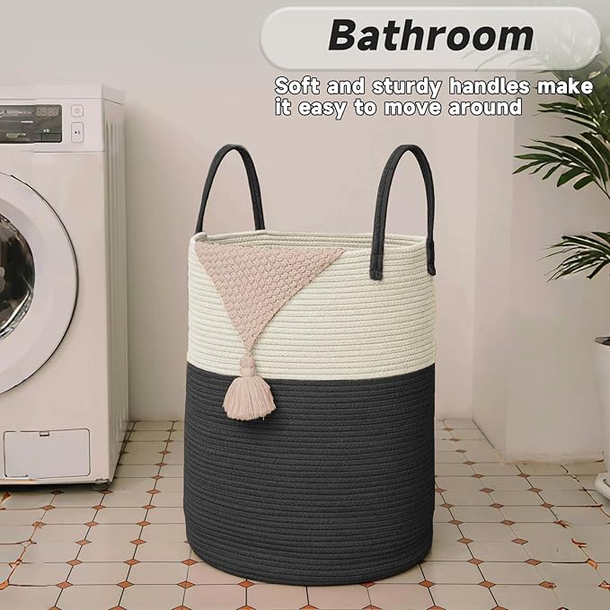 JMvicyroam Large Woven Laundry Basket Hamper,60L Cotton Rope Storage Bin for Blankets,Toys and Clothes,Decorative Tall Nursery Hamper for Living Room,Baby Nursery,Bathroom and Bedroom,White and Black
