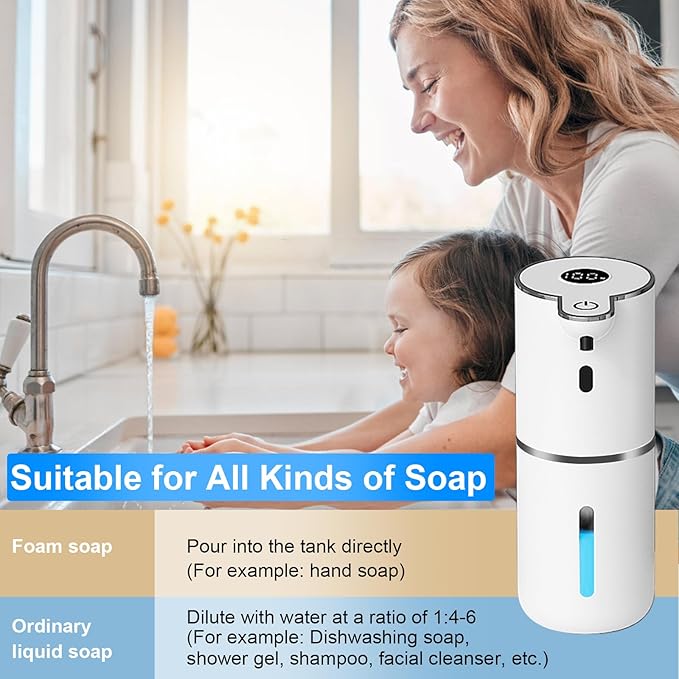 Automatic Foaming Soap Dispenser Touchless, USB Rechargeable Smart Hand Soap Dispenser, 6-Level Adjustable, 12.8oz/380mL Wall Mounted for Bathroom Kitchen Dish Soap-White
