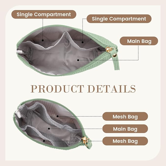 MAGEFY 2Pcs Makeup Bag Set, Cute Makeup Pouch for Purse Corduroy Travel Cosmetic Pouch for Women with Slip-in Pockets for Purse Essentials Accessories(Green,Mini+Small)