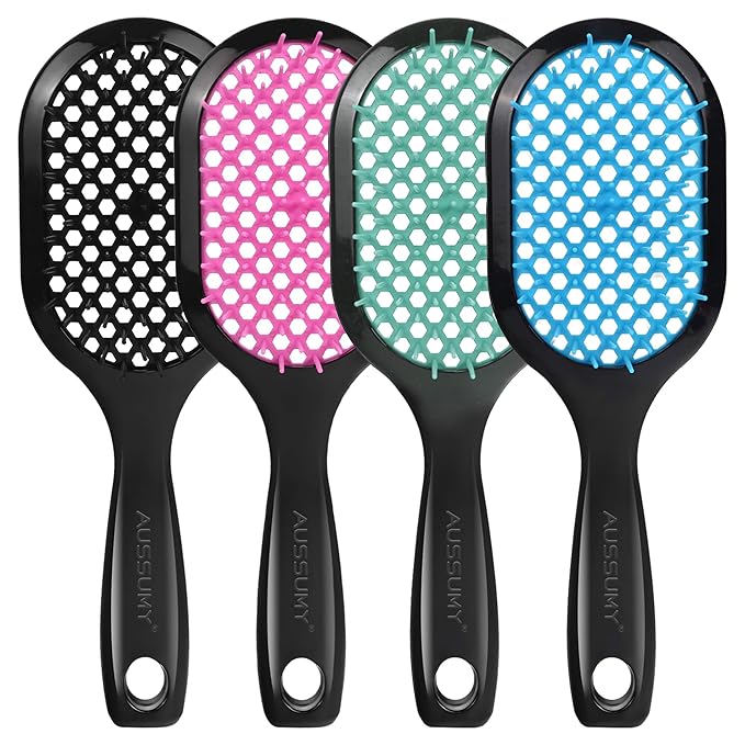 Aussumy 4 Pack Vented Detangling Hair Brush - Detangler Hairbrush with Soft Bristles for Effortless Tangle Free - Ideal for Wet Dry or Curly Damaged Hair for Women Men Kids