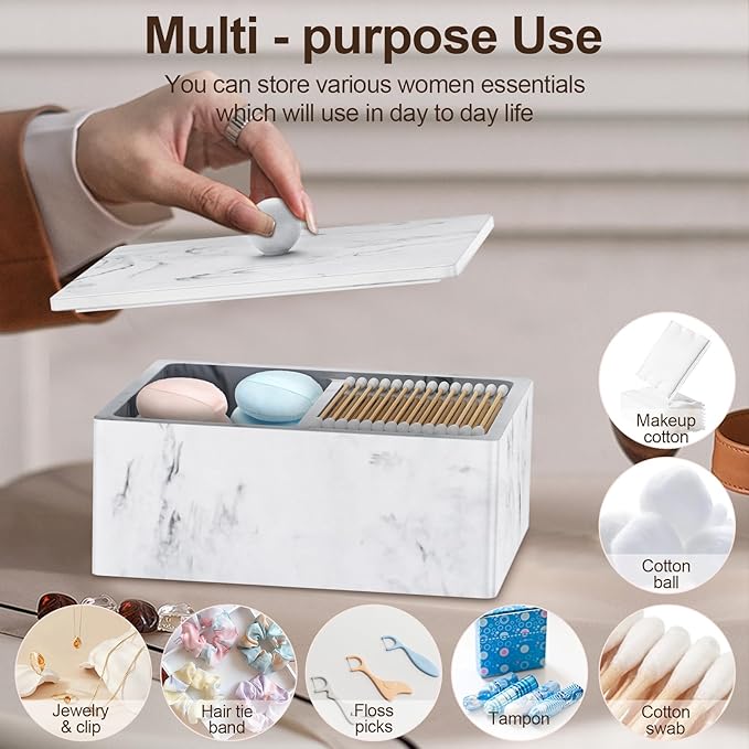 PENGARO Cotton Swab Holder, 16 OZ Qtip Holder Dispenser with Lid, 2 Compartments Cotton Ball Buds Bathroom Organizers Storage Bin Floss Dispenser Vanity Cosmetics, White