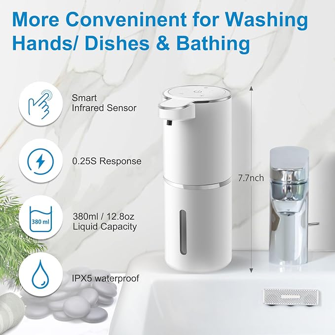 Gotofine Automatic Liquid Soap Dispenser,4-Level Adjustable, Wall Mount,USB Rechargeable,12.8oz/ 380ml,Touchless Hand & Dish Soap Dispenser for Bathroom, Kitchen,Hotel, Restaurant