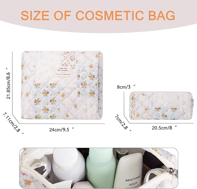 Gosect 2PC Makeup Bag Set, Cute Cosmetic Bag for Women Girls, Floral Coquette Aesthetic Toiletry Bag, Travel Make Up Organizer Bag (Folk Style)