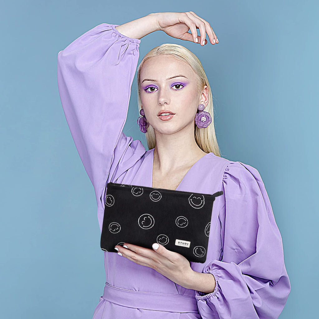 WLLWOO Makeup Bag-2pcs Smile Face Corduroy Cosmetic Bag Zipper Interior Waterproof Pencil Case Coin Purse Travel Toiletry Small Makeup Pouch For Women