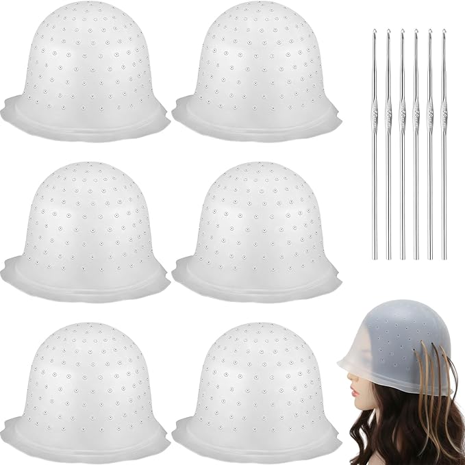 6 Set Silicone Highlight Cap for Highlighting Hair - Pre-Punched Holes Reusable Cap with Needle, Professional Hairdressing Dyeing Tools for Salon Home Women Men