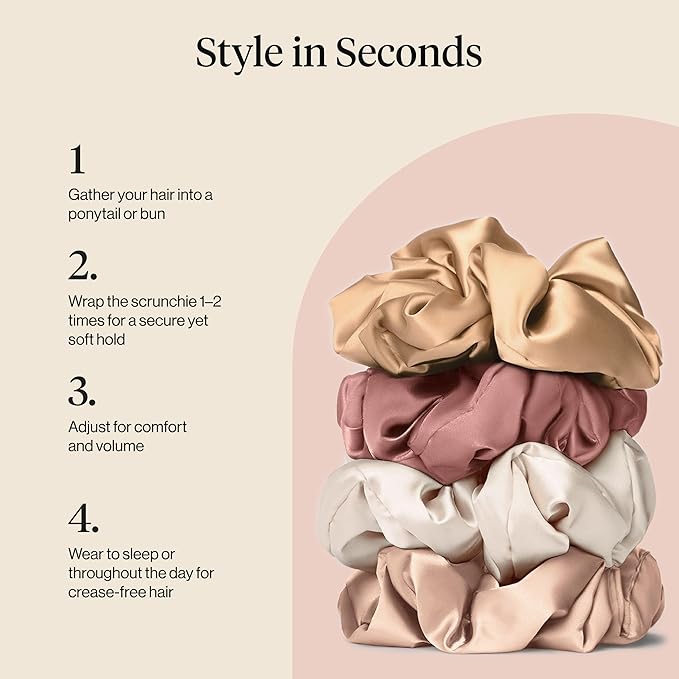 Kitsch Pillow Satin Scrunchies for Women - Hair Ties No Damage, No Crease Hair Accessories | Perfect for Day or Night - Blush, 4pcs