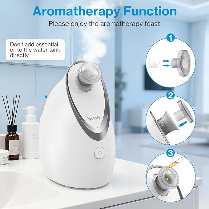 Wolady Facial Steamer, Nano-Ionic Face Steamer with Adjustable Nozzle & Aromatherapy Function, Warm Mist Humidifier Home Sauna Spa, Facial Moisturizing Deep Cleaning for Women, Birthday Gifts,White