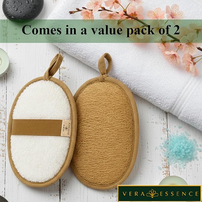 Natural Loofah Exfoliating Body Scrubber (Pack of 2) - Made from Egyptian Luffa, Gentle Bath Sponge for Men and Women - Deep Cleansing Soft Pad Dual-Sided w/Terry Cloth, Hand Strap for Shower & Spa